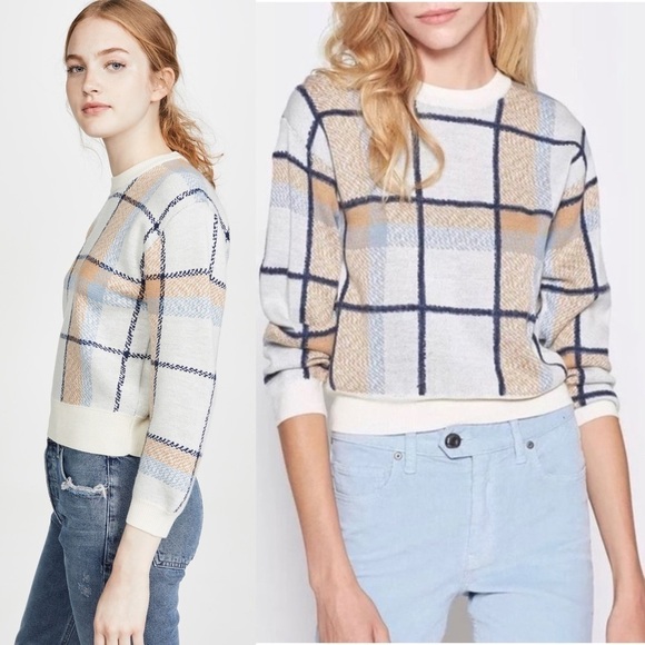 JOIE Wool Plaid Check Knit 3/4 Long Sleeve Crewneck Cropped Pullover Sweater XS - Picture 5 of 14